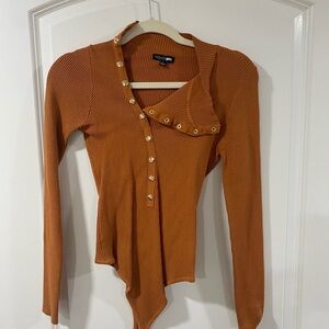 Fashion Nova Rust Orange Ribbed Bodysuit L Asymmetrical Front Long Sleeve Top